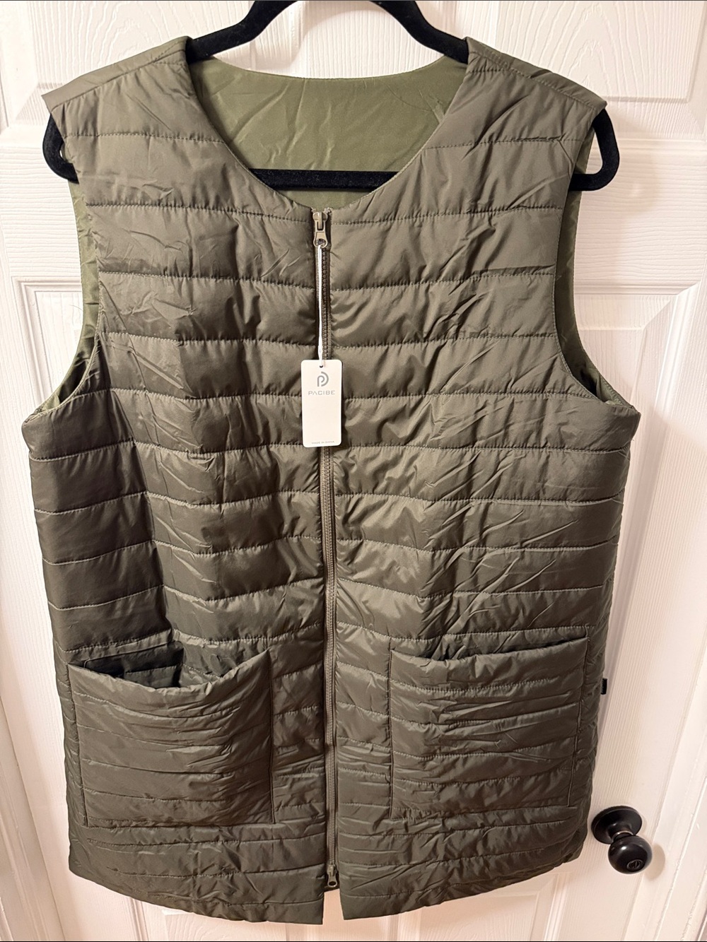 Lightweight Collarless Quilted Olive Green Vest with Front Pockets